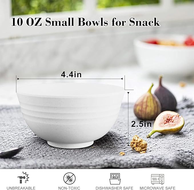 Wheat Straw Snack Bowls 10oz Set of 8 - Unbreakable Dessert Bowl for Kids - Small White Bowls for Ice Cream,Snack and Fruits - Microwave & Dishwasher Safe Mini Appetizer Bowl Sets - White