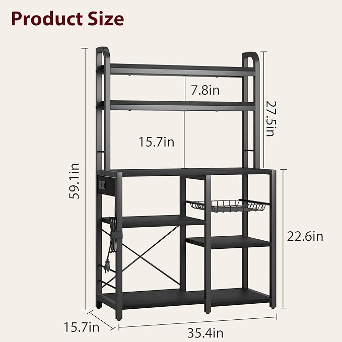 GarveeHome Microwave Stand Bakers Rack with Power Outlet, Kitchen Baker Rack with Wire Basket, 6-Tier Large Freestanding Utility Storage Shelf for Kitchen Dining Living Room, Rustic Black