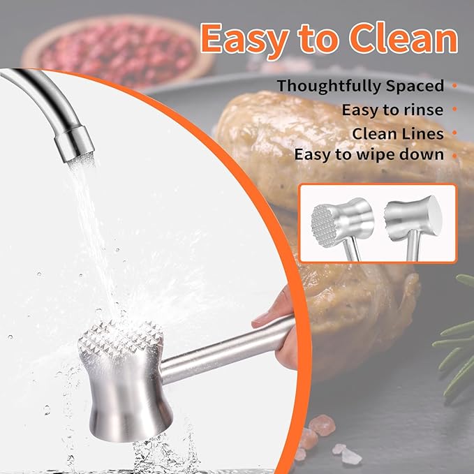 304 Stainless Steel Meat Tenderizer Mallet, 9.6'' Dual Side Heavy Duty Meat Mallet, Easily Softens Steak, Chicken, Pork and Beef, Kitchen Meat Hammer Tenderizer, Dishwasher Safe