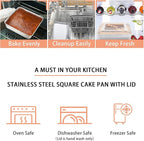 TeamFar Square Cake Pan with Lid (1 Pan & 1 Lid), 8 Inch Square Stainless Steel Baking Tray Cake Brownie Tin For Meal Prep Storage Transporting Food, Healthy & Sturdy, Dishwasher Safe