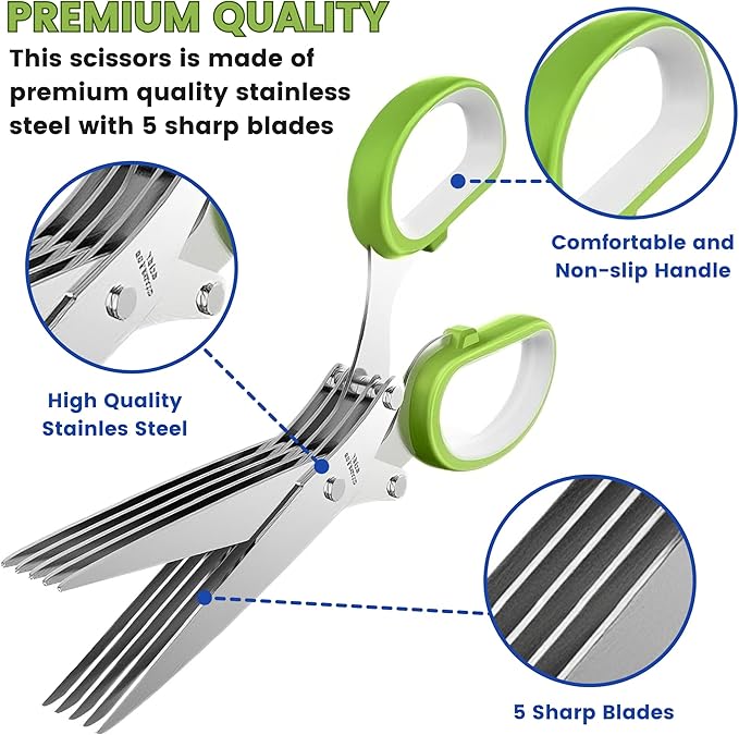Premium Large Garlic Press & Herb Scissors Set, Soft & Easy to Squeeze Handle Garlic Press Stainless Steel, Herb Scissors, Garlic Mincer Tool, Garlic Peeler, Garlic Crusher & Herb Cutter Scissors