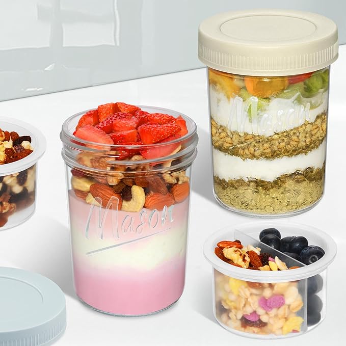 16 oz Overnight Oats Containers with Lids, 6-Pack Leak-Proof Wide Mouth Mason Jars & Separate Compartments for Fruits/Nuts, Airtight Glass Jars for Chia Pudding, Yogurt, Parfait and Salad