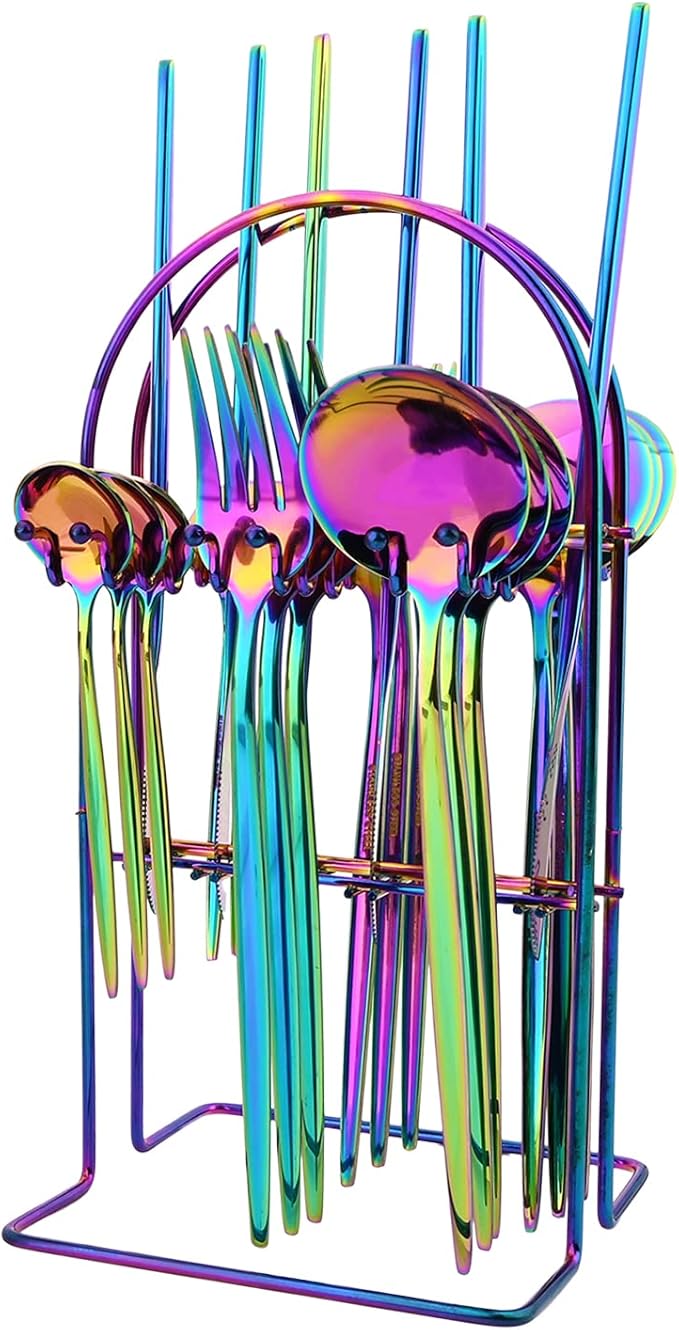 24-Piece Mirror Rainbow Cutlery Set, Snplowum Stainless Steel Flatware Hanging Tableware Silverware Set Include Knife/Fork/Spoon/Teaspoon and Storage Rack For Daily Use, Service For 6