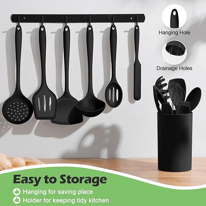 Silicone Cooking Utensil Set, Homikit 15pcs Kitchen Utensils with Holder for Nonstick Cookware, Heat Resistant Nontoxic Silicone Spatula Set Dishwasher Safe Kitchen Tools for Baking-Black