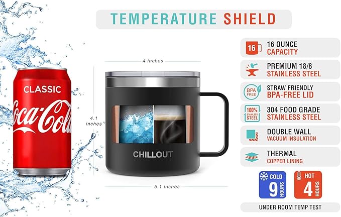 CHILLOUT LIFE Stainless Steel 16 oz Vacuum Insulated Coffee Mug with Handle and Lid, Large Thermal Camping Coffee Mug Cup with Durable Sliding Lid for Men & Women, Keeps your Beverages Hot &Cold