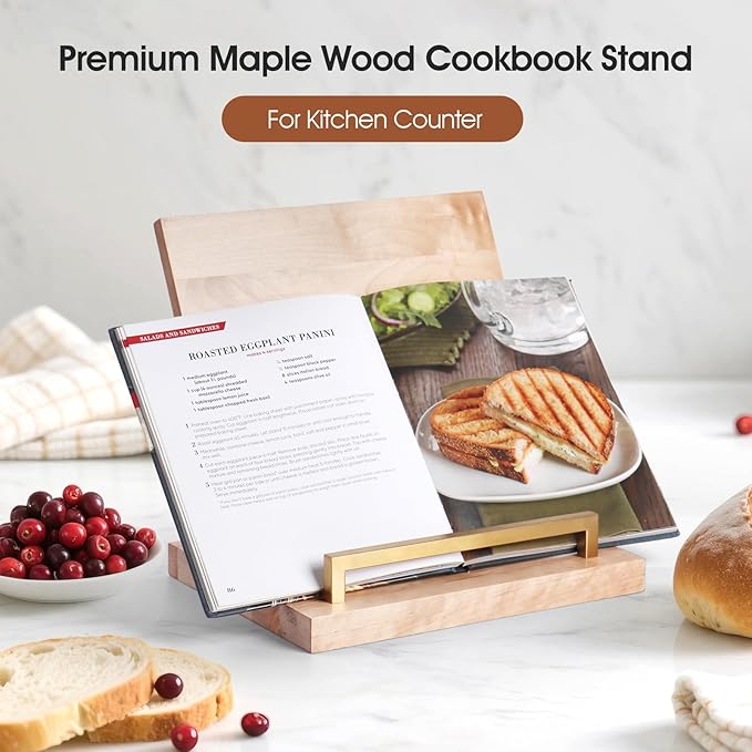 Cookbook Stand with Removable Cutting Board – Adjustable Recipe Book Holder, Charcuterie Board & Kitchen Serving Tray, Kitchen Counte Decor/Maple Wood
