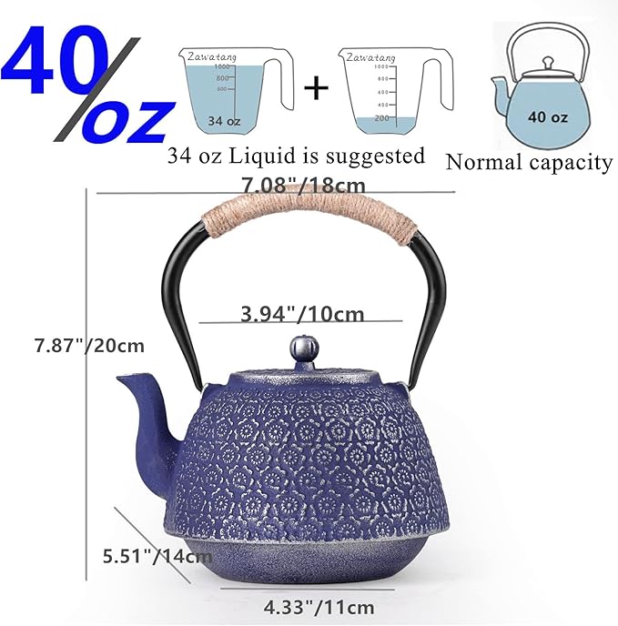 Cast Iron Tea Pot Japanese Tetsubin Tea Kettle with Stainless Steel Infuser,Tong and Iron Trivet Coated with Enamel Interior for Stovetop Safe 40 oz Blue cast iron teapot