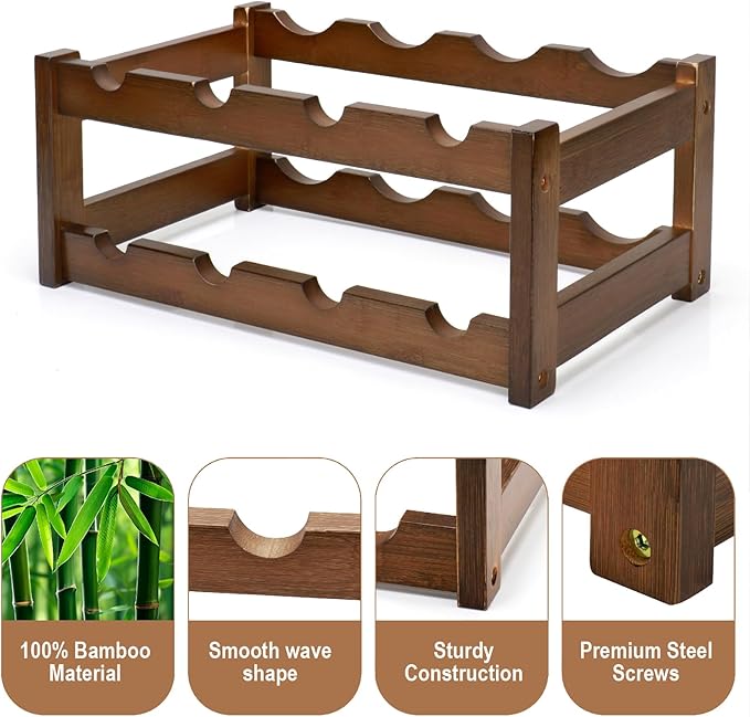 Bamboo Wine Rack, 2-Tier 8 Bottles Wine Storage Cabinet Shelf, Easy-Assembly Freestanding Bamboo Wine Racks Countertop for Kitchen Pantry Dining Room Bar, Walnut