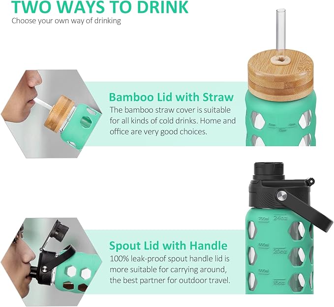 MUKOKO 24oz Glass Water Bottle with 2 Lids-Handle Flip Lid&Bamboo Straw Lid,Motivational Water Tumbler with Time Marker Reminder and Silicone Sleeve, Leakproof-Green