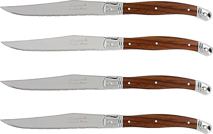 French Home Laguiole 4-Piece Steak Knife Set – Sophisticated Stainless Steel Dinner Knives with Wood Grain Handles & Iconic Bee Emblem – Serrated Knives for Smooth Cutting (9.25")