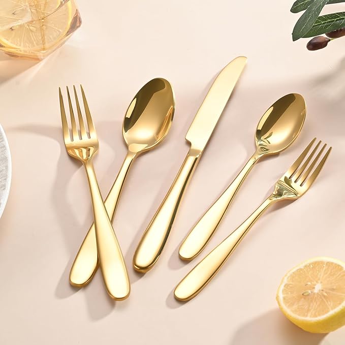 40-Piece Gold Silverware Set, Flatware Set for 8, Food-Grade Stainless Steel Tableware Cutlery Set, Mirror Finished Utensil Sets for Home Restaurant, Forks Spoons and Knives Set, Dishwasher Safe