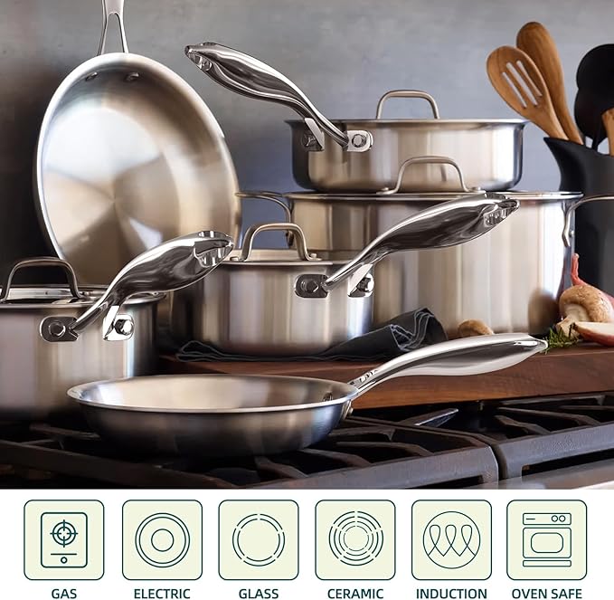 Umite Chef Stainless Steel Cookware Set, 5 Ply 14 Piece Stainless Steel Pot and Pan Set-Induction, Heavy Chef Quality, Oven Safe | Professional Kitchen Cooking Appliances, PFOA, PTFE & PFOS Free