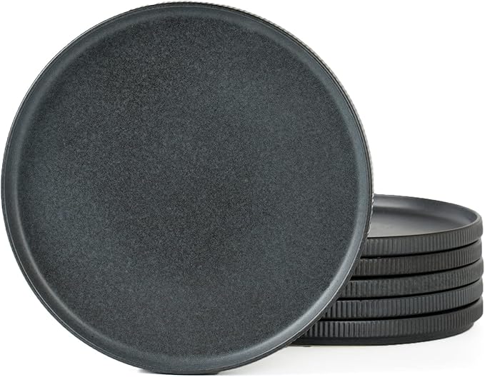 famiware Star Salad Plates for 6, 8 inches Plate Set, Stoneware Dinnerware, Small Dinner Plates for Dessert, Salad, Appetizer, Matte Dark Charcoal (Full Glaze)