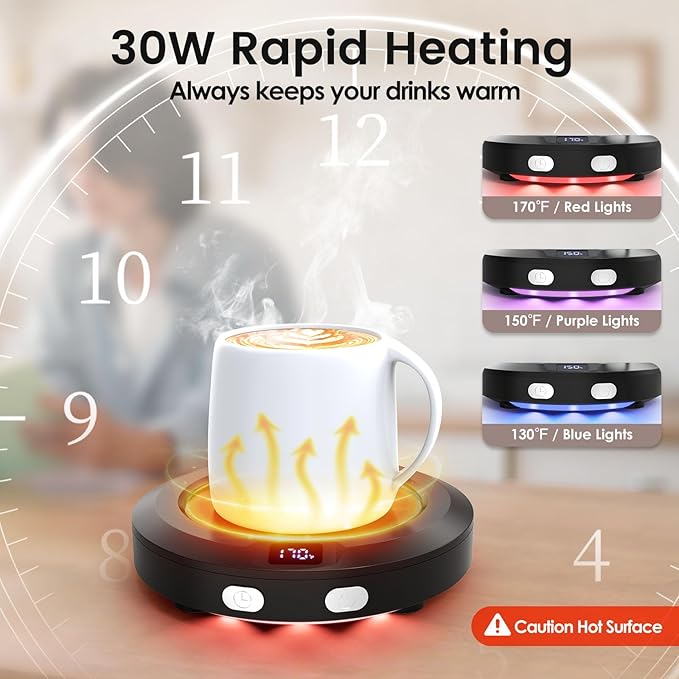 Mug Warmer, Coffee Warmer for Desk, Coffee Cup Warmer with 3 Temp Settings and Ambient Light, 2-12H Timer, 30W, Black