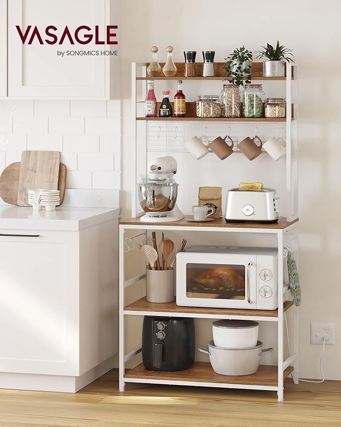 VASAGLE Hutch Bakers Rack with Power Outlet, 14 Hooks Microwave Stand, Adjustable Coffee Bar with Metal Wire Panel, Kitchen Storage Shelf, 15.7 x 31.5 x 66.9 Inches, Rustic Walnut and White UKKS025W41