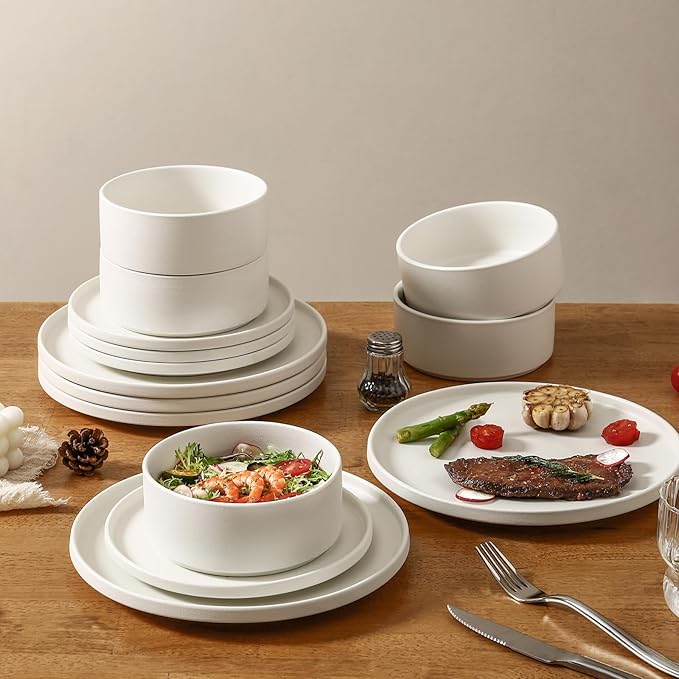 GZG Ceramic Dinner Plates Set of 4,10 Inch Stoneware plate Set,Microwave and Dishwasher Safe Kitchen Utensils,Stackable,Scratch Resistant (Ivory White)