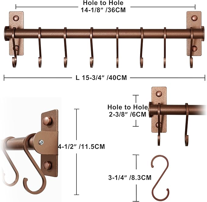Dseap Kitchen Utensil Holder Hanger, Pot and Pan Rack Wall Mounted, Kitchen Rail with 8 Hooks for Hanging Cooking Utensils, Mugs, Spoons, Wall Mounted, Antique Copper