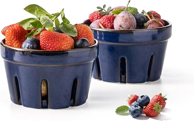 Gomakren Ceramic Berry Basket Set of 2, Round Fruit Bowl with Holes, Small Fruit Basket Containers for Kitchen Counter, Berries, Strawberry, Grape, Cherry - Cobalt Blue