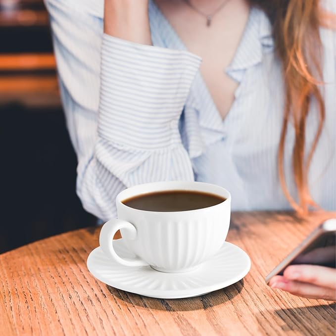 4 oz White Espresso Cups Set of 2, Ceramic Cappuccino Cups with Saucers, Durable Porcelain Tea Set & Modern Coffee Cup Collection, Coffee Lover Gifts