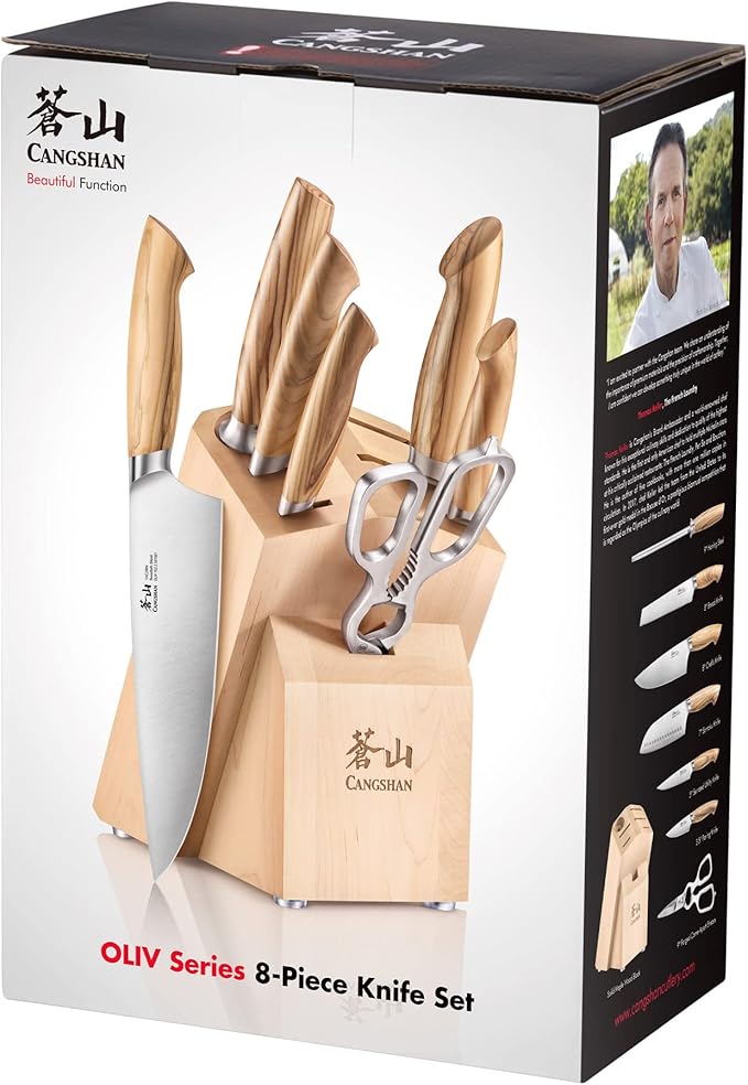 Cangshan OLIV Series 8-Piece Knife Block Set, Forged Swedish 14C28N Steel, Maple Block, 501684