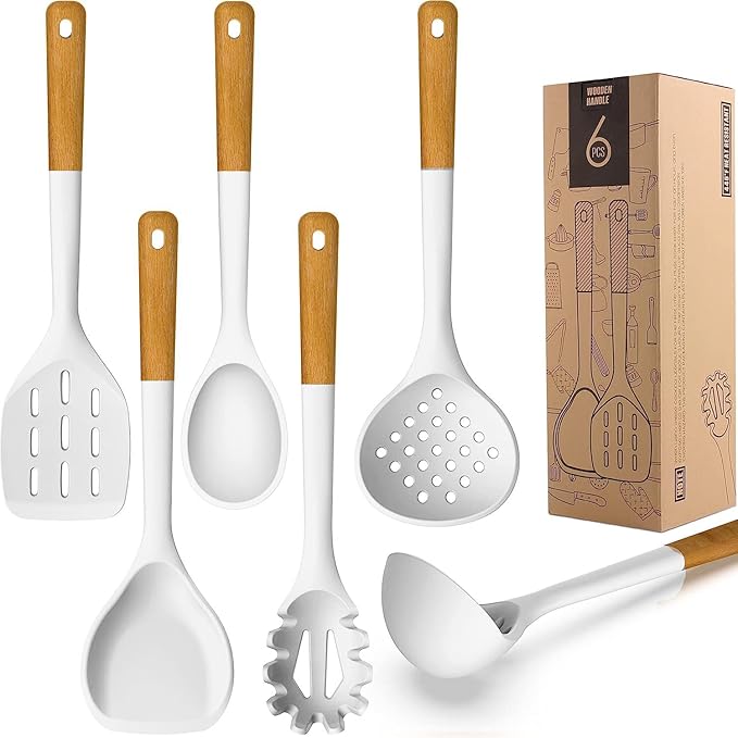 Large Silicone Cooking Utensils Set - Heat Resistant Silicone Kitchen Utensils for Cooking w Wooden Handles, Spatula Set, Kitchen Utensil Gadgets Sets for Non-Stick Cookware, BPA Free (White)