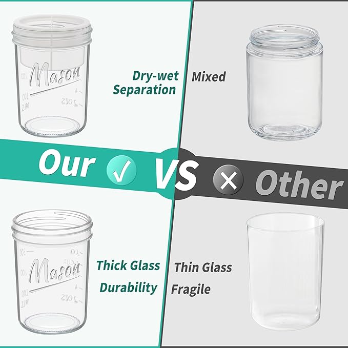 16 oz Overnight Oats Containers with Lids, 6-Pack Leak-Proof Wide Mouth Mason Jars & Separate Compartments for Fruits/Nuts, Airtight Glass Jars for Chia Pudding, Yogurt, Parfait and Salad