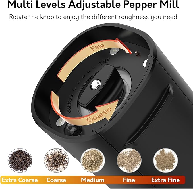Syaws Electric Pepper and Salt Grinder 1 Pack,Battery Powered Pepper Grinders,Automatic Pepper Mill with LED Light,Adjustable Coarseness One-Hand Operation