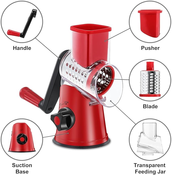 Cheese Grater Rotary, Rotary Grater for Kitchen, Kitchen Grater Vegetable Slicer with 3 Drum Blades, Fast Cutting Cheese Shredder for Vegetables and Nuts