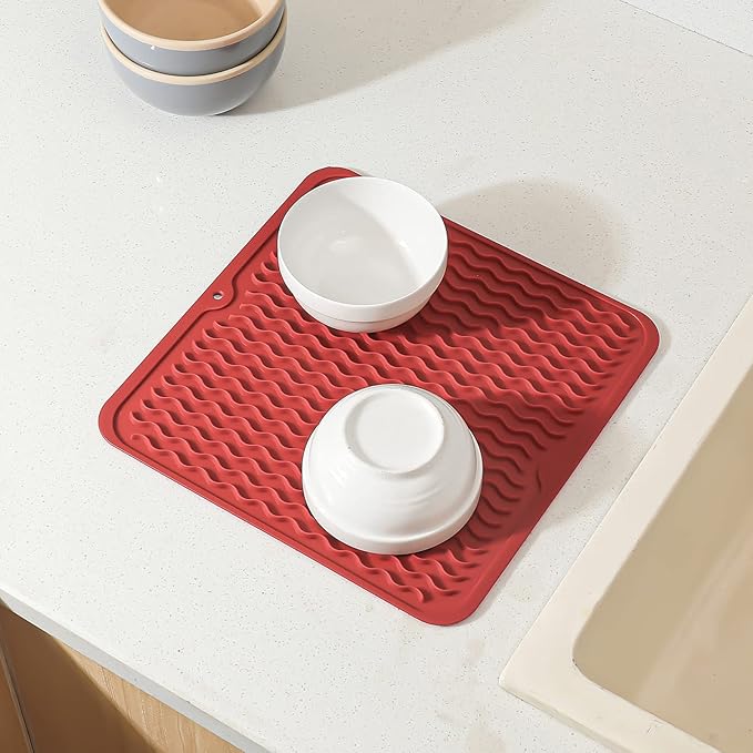Silicone Dish Drying Mat for Multiple Usage,Easy clean,Eco-friendly,Heat-resistant Silicone Mat for Kitchen Counter or Sink,Refrigerator or Drawer liner Red M 12 inches x 12 inches