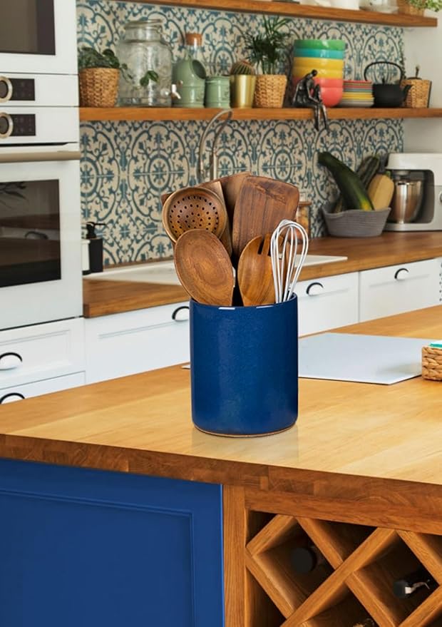 Nucookery Utensil Holder, 6.4" Ceramic Kitchen Utensil Holder for Countertop with Protection Cork Bottom, Vintage Farmhouse Kitchen Decor for Counter, Gift (Royal blue)