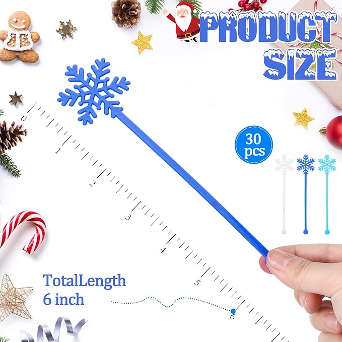 30 Pcs Christmas Drink Stirrers Xmas Stir Stick Holiday Coffee Swizzle Stick Reusable Plastic Hot Cocoa Bar Chocolate Decoration Cocktail Mixer(Blue Snowflake,Blue White)