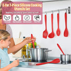 Silicone Cooking Utensils Set, E-far 7-Piece Red Heat Resistant Kitchen Utensils Set, Kitchen Nonstick Tools Spatula Ladle Spoon Pasta Server for Non-stick Cookware, Non-Toxic & Dishwasher safe
