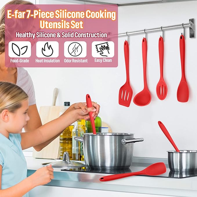 Silicone Cooking Utensils Set, E-far 7-Piece Red Heat Resistant Kitchen Utensils Set, Kitchen Nonstick Tools Spatula Ladle Spoon Pasta Server for Non-stick Cookware, Non-Toxic & Dishwasher safe