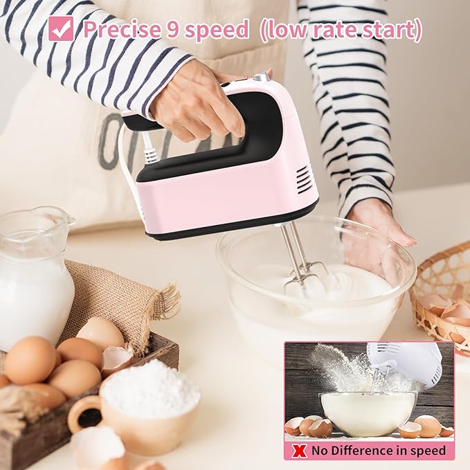 9-Speed Digital Hand Mixer Electric, 400W Powerful DC Motor, Baking Mixer Handheld with Snap-On Storage Case, 5 Stainless Steel Accessories, Flat Beaters, Dough Hooks, Whisk (Pink&Black)