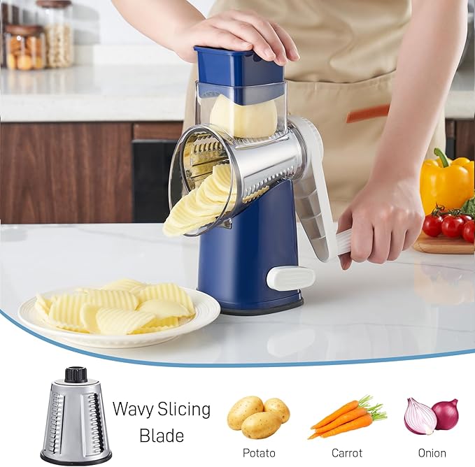 VEKAYA Cheese Grater, Cheese Grater Hand Crank, 4 Interchangeable Blades Cheese Shredder, Vegetable Slicer, Non-slip Suction Base, Easy to Clean Rotary Grater with Handle (Blue)