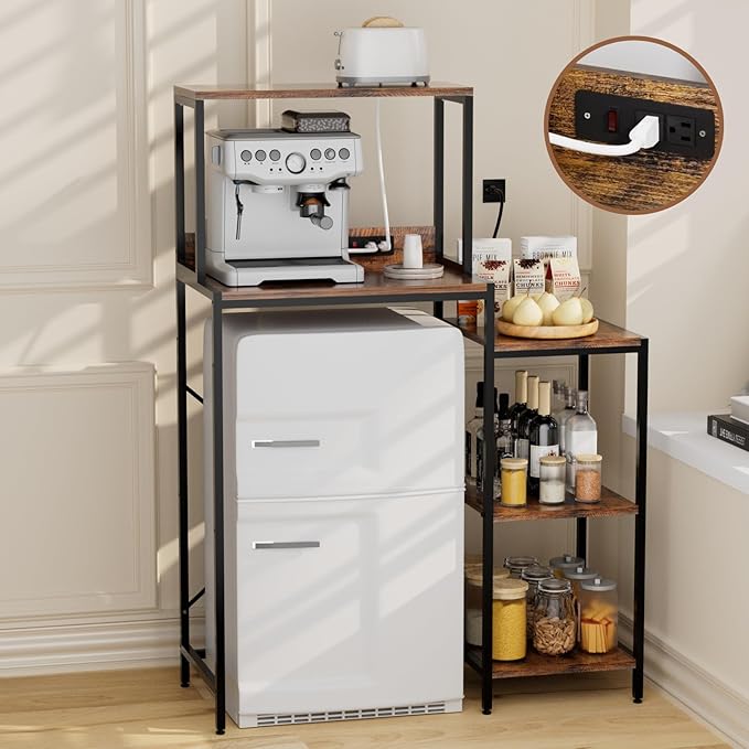 Mini Fridge and Microwave Stand over Refrigerator Storage Shelf with Power Outlet, 5 Tiers Adjustable Bakers Rack Cabinet Coffee Bar Appliance Organizer for Dorm Office,Brown