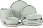 HaWare Stoneware Dinnerware Sets, 12-Piece Plates and Bowls Set for 4, Dishes Set for Home Restaurant, Speckled Asparagus Green