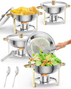 5QT 4 Packs Chafing Dish Buffet Set, NSF Round Stainless Steel Chafers and Warmers Food Servers Sets with Lid & Lid Holder, Spoon & Tweezer for Catering Events Parties Weddings Dinners, Gold