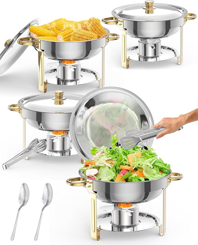 5QT 4 Packs Chafing Dish Buffet Set, NSF Round Stainless Steel Chafers and Warmers Food Servers Sets with Lid & Lid Holder, Spoon & Tweezer for Catering Events Parties Weddings Dinners, Gold