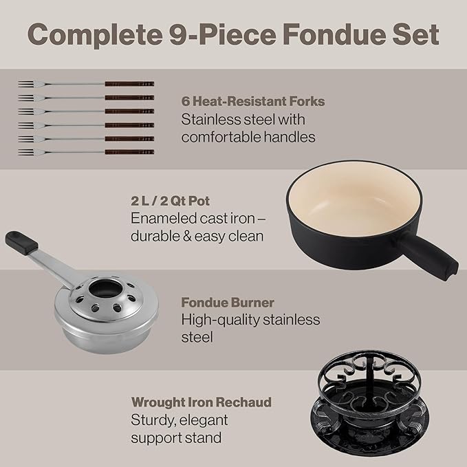 Swissmar Lugano Cast Iron Cheese Fondue Set, 9-Piece, 2 QT / 2 L - Ideal for Melting Cheese, Chocolates, Caramel, & More - Perfect for Kitchen Collection & Gift Giving - Matte Black
