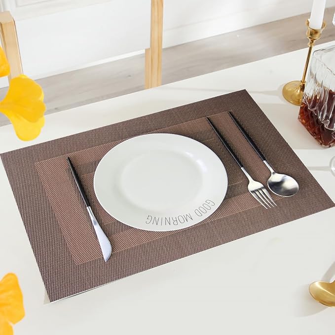 PIGCHCY Placemats Set of 6,Washable Woven Vinyl Kitchen Table Mats Non Slip Durable Placemats Heat Resistant Placemats for Dining Table(Coffee Brown)