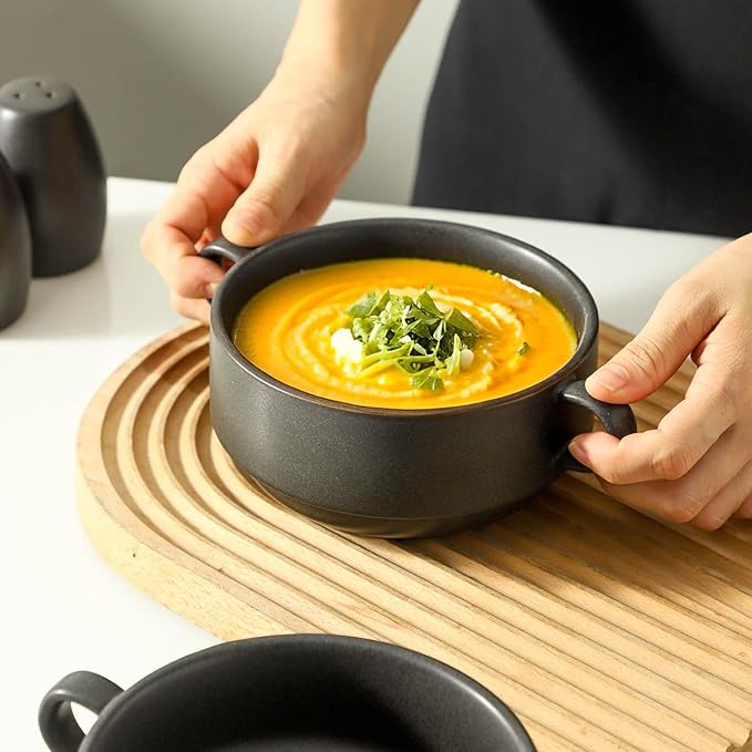 Soup Bowls, 22 oz French Onion Soup Bowls with Handles, Stackable Ceramic Bowls Set of 4, Dinner Bowls for Chili, Beef Stew, Soup, Cereal, Oven Microwave Dishwasher Safe, Matte Black