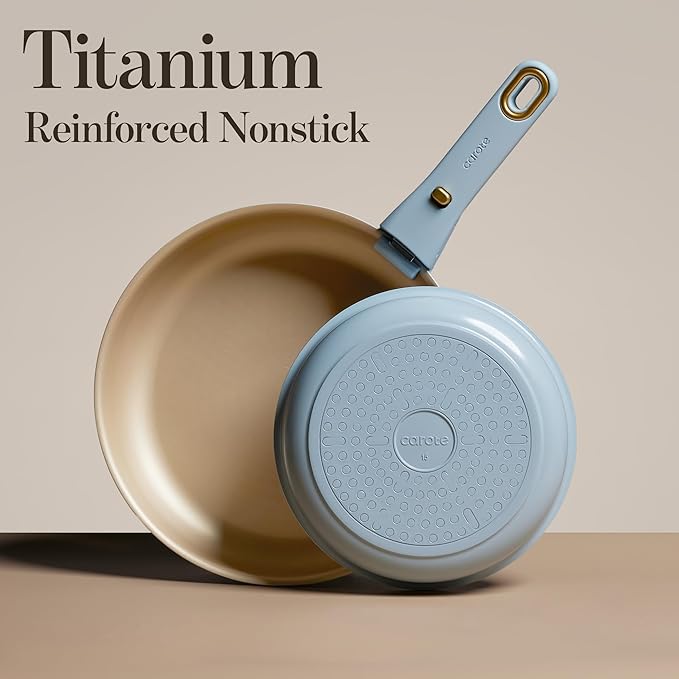 CAROTE 18Pcs Titanium Reinforced Nonstick Pots and Pans Set, Nonstick Cookware Set with Detachable Handle, Induction Kitchen Cookware Sets Removable Handles, Dishwasher Safe, Oven Safe, Blue