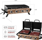 GD4002TPY Portable Tabletop Grill & Griddle Combo with Hood, 4-Burner Portable Propane Gas Grill Griddle Combo for Backyard, Camping, Picnicking and Tailgating, 40,000 BTU, Bronze Gold