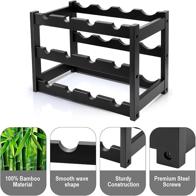 Bamboo Wine Rack, 3-Tier 12 Bottles Wine Storage Cabinet Shelf, Easy-Assembly Freestanding Bamboo Wine Racks Countertop for Kitchen Pantry Dining Room Bar, Black