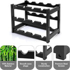 Bamboo Wine Rack, 3-Tier 12 Bottles Wine Storage Cabinet Shelf, Easy-Assembly Freestanding Bamboo Wine Racks Countertop for Kitchen Pantry Dining Room Bar, Black