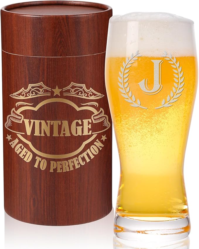 Personalized Etched 21oz Pint Beer Glass, (Letter J) A-Z Personalized Gifts for Him, Customized Pint Glasses, Custom Initial, Birthday Gift for Men Brother Husband