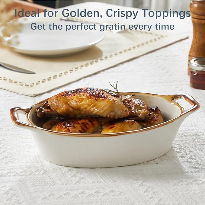 Au Gratin Baking Dish, Ceramic Oval Baking Dishes with Handles, 20 oz Small Casserole Dishes for Oven, 6x8 Individual Baking Dishes for Oven, Single Serving Dishes for 1-2 People, Set of 4, Brown Rim