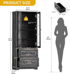 DWVO 76" Storage Cabinets, Freestanding Kitchen Pantry with Adjustable Shelves & Drawers, Farmhouse Glass Display Cabinets Tall Cupboard for Dining Room, Living Room, Dark Rustic