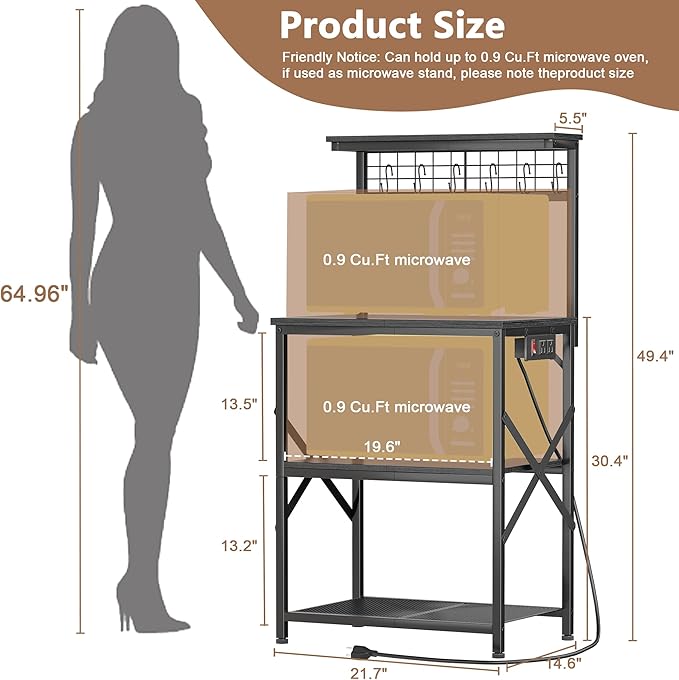 Furologee Kitchen Bakers Rack with Power Outlet, Microwave Oven Stand with Storage 4 Tiers, Coffee Bar Table with 6 S Hooks, Kitchen Storage Shelf Rack for Spices, Pots,Black